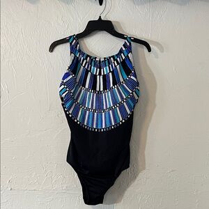 Longitude Black Swimsuit with Blue and Teal Geometric Trim